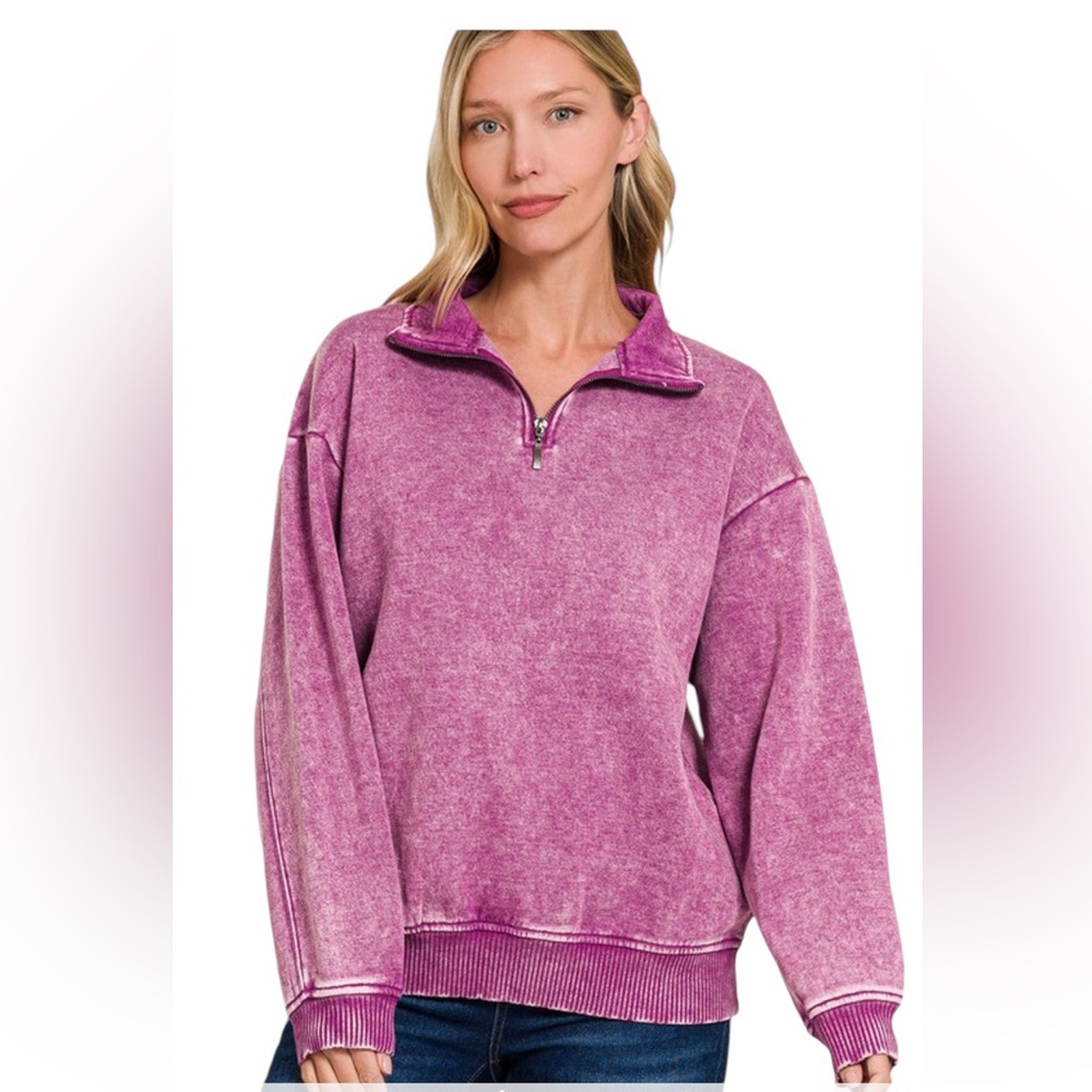 ZENANA French Terry Half-Zip Acid Wash Top Light Plum Medium